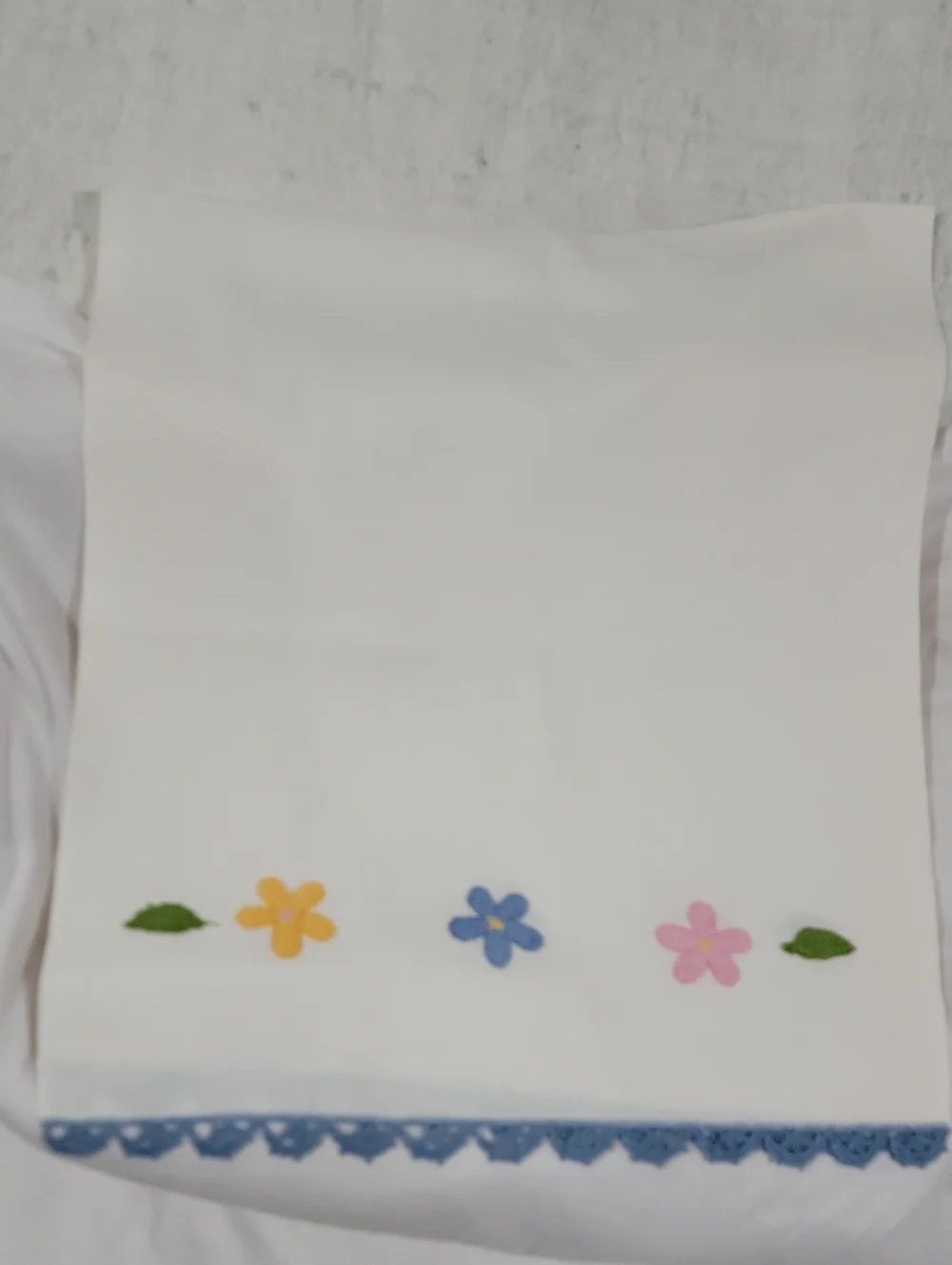 Vintage White Embroidered With Blue Lace Trim Table Runner Hand Made Floral